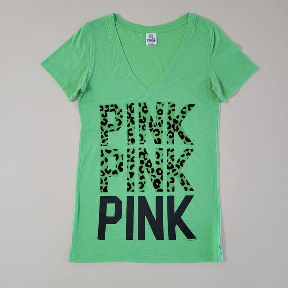 PINK Victoria's Secret Green V-neck Graphic Short Sleeve T-shirt - Picture 1 of 11